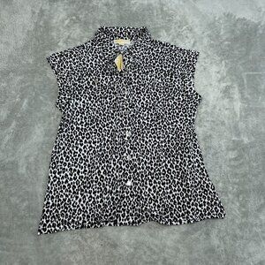 Michael Kors Womens Sleeveless Leopard Print Button-Down Shirt L NWT 4287